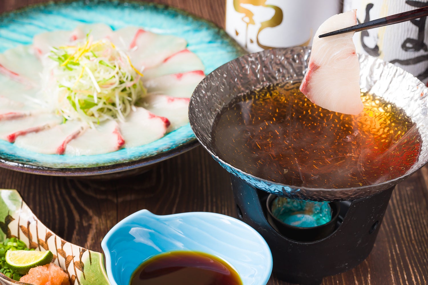 海鮮と日本酒 魚舟 梅田阪急グランドビル店 【春月～鍋～コース】鰤しゃぶみぞれ鍋、造り五種等全7品＋60種飲み放題